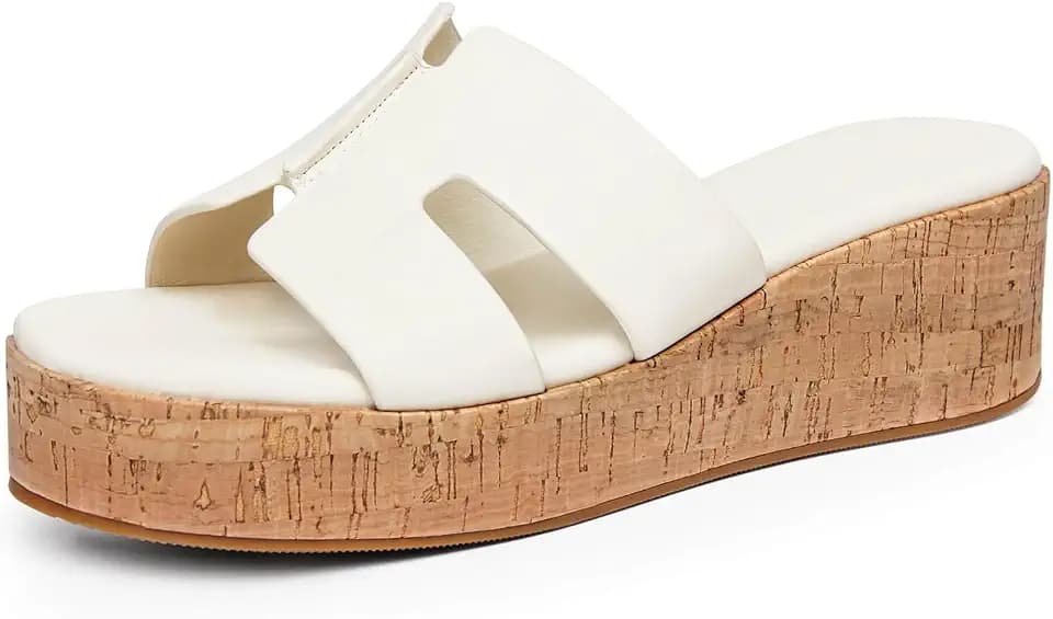 Coutgo Women's Platform Wedge Sandals Open Toe Slip On Slides Cork Heeled Cutout Comfortable Summer Shoes