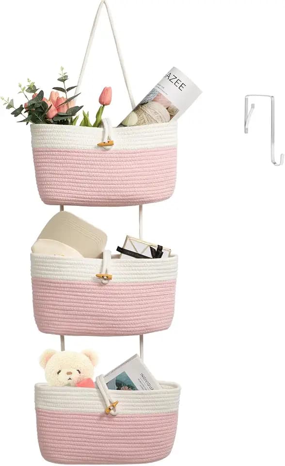 TeoKJ Over The Door Hanging Baskets with Button Strap, 3-Tier Woven Cotton Storage Organizer Bag, Wall-Mounted with Hook Decorative Hanging Nursery Baskets - Pink+White