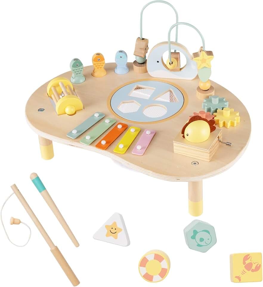 FANTASK Holz Aktivitätstisch, Montessori Motoriktisch für Kinder ab 1 Jahr, Lernspielzeug mit Motorikschleifen, Angelspiel, Xylophon, Spieluhr & Formensortierer, Spieltisch für Kleinkinder