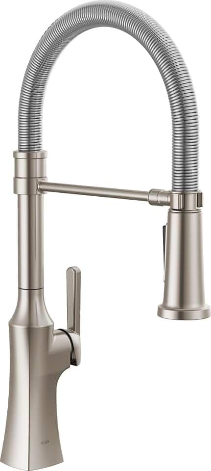 Delta Ermelo Pro Style Commercial Kitchen Faucet with Pull Down Sprayer, Brushed Nickel Single Hole Kitchen Sink Faucet, Single Handle, Stainless 18887-SS-DST