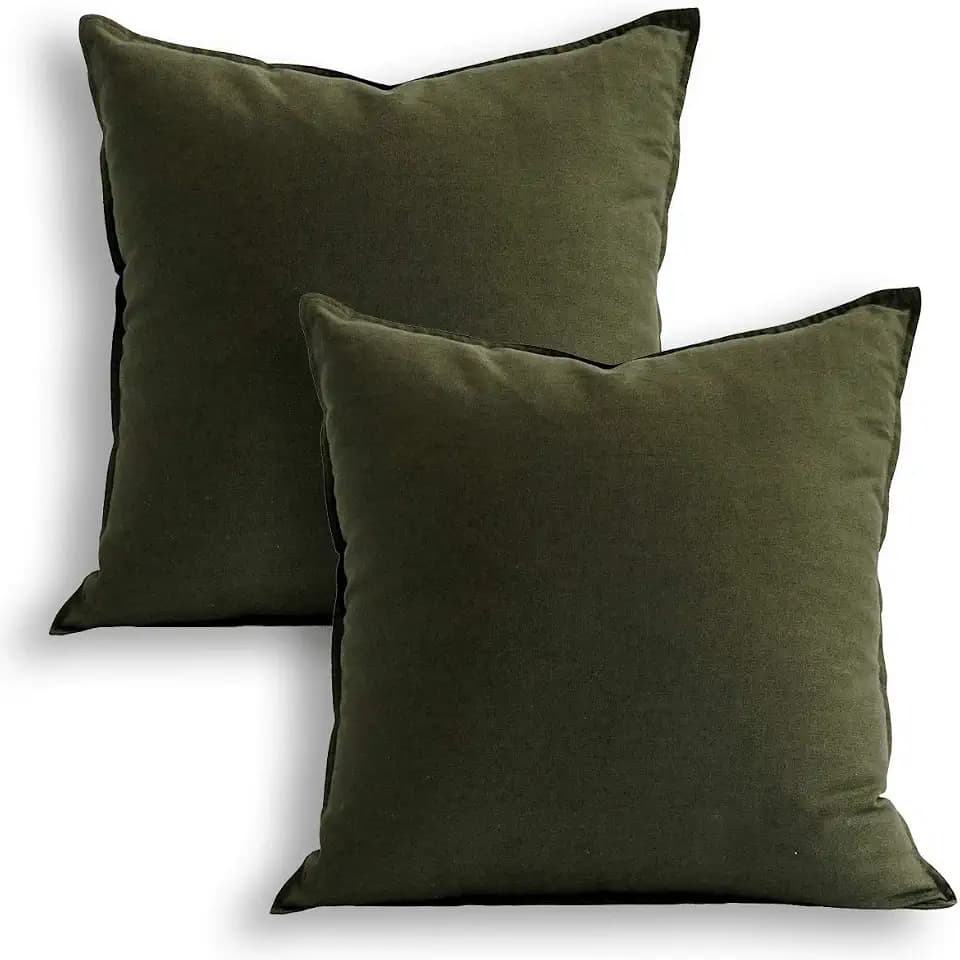 Jeanerlor Pack of 2 24 x 24 Inch Cotton Linen Soft Soild Decorative Square Throw Pillow Covers Green Cushion Case Set for Bedroom/Sofa/Car 60 x 60cm,Olive Green
