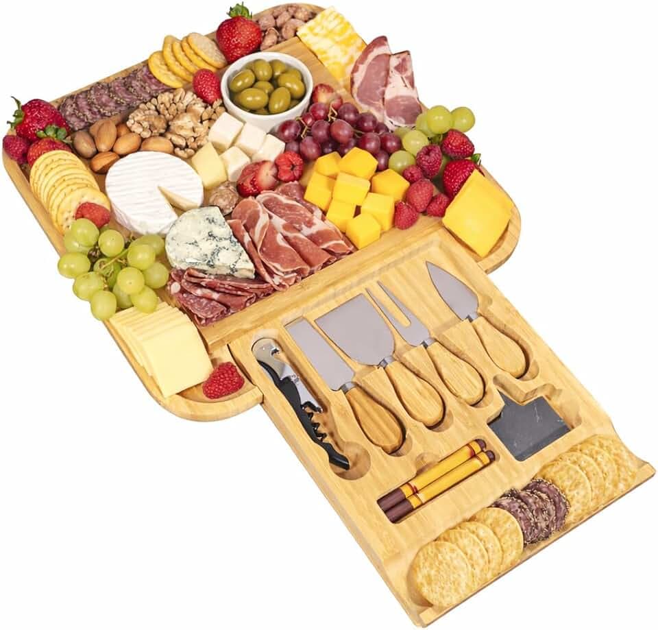 Cheese Board Gift Set with Built-in Storage Drawer, Bamboo Charcuterie Board Set with Cheese Knives, Slate Labels & Bottle Opener, Housewarming, Wedding
