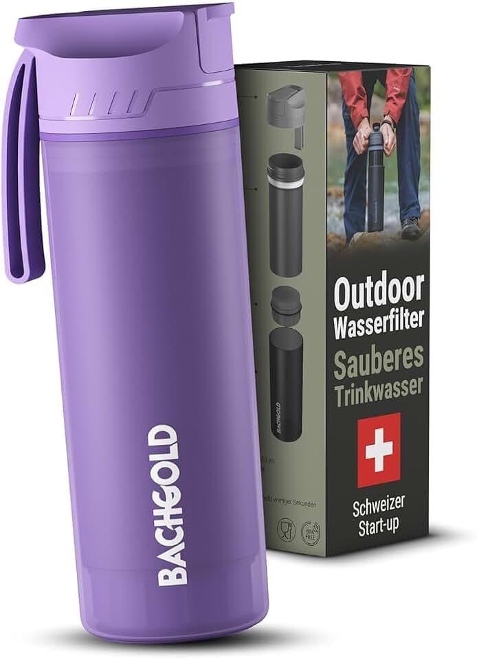 Bachgold® Profi Outdoor Wasserfilter Flasche [500ml] mit 1500L Filterkapazität I Entfernt 99,99% aller Bakterien und filtert Mikroplastik, Partikel und Chlor I Blackout- & Krisensicher