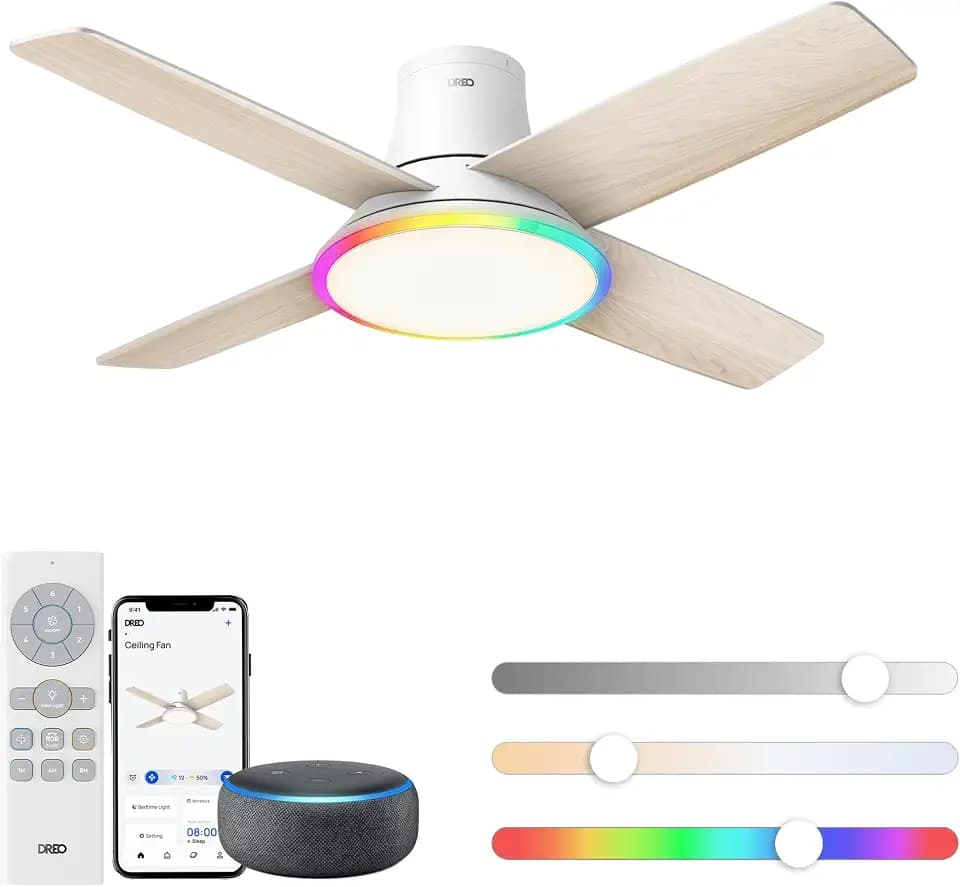 DREO Ceiling Fans with Lights, 44'', RGBIC Flush Mount Smart Ceiling Fan