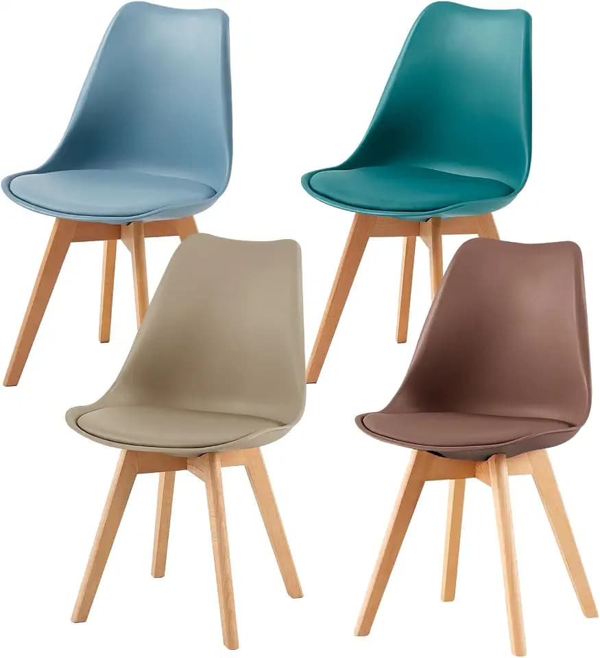 EGGREE 4er Set Esszimmerstühle Skandinavischer mit PU-Sitzkissen & Massivholz-Beinen, SGS-Geprüft Retro Küchenstuhl für Esszimmer & Wohnzimmer (Morandi Lichtblau,Türkis,Helles Khaki,Schokoladenbraun)
