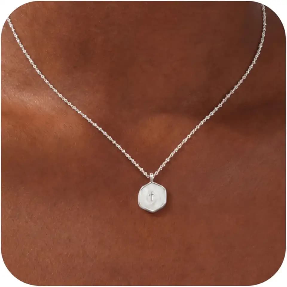 Cross Necklace for Women Dainty 14K Gold Plated Round Disc Pendant