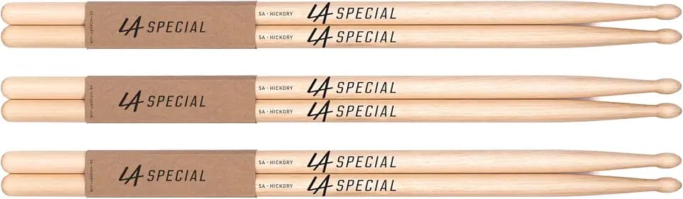 LA Specials Hickory 5A Drum Sticks, Wood Tip, 3-Pair Pack