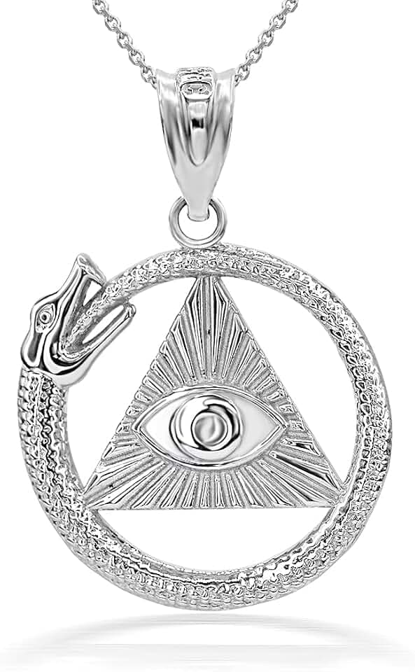 Claddagh Gold Solid .925 Sterling Silver Ouroboros Snake The eye Of Horus/Ra All Seeing Eye Pendant Necklace - Choose Pendant Only or Necklace w/ 16”-22” Chain