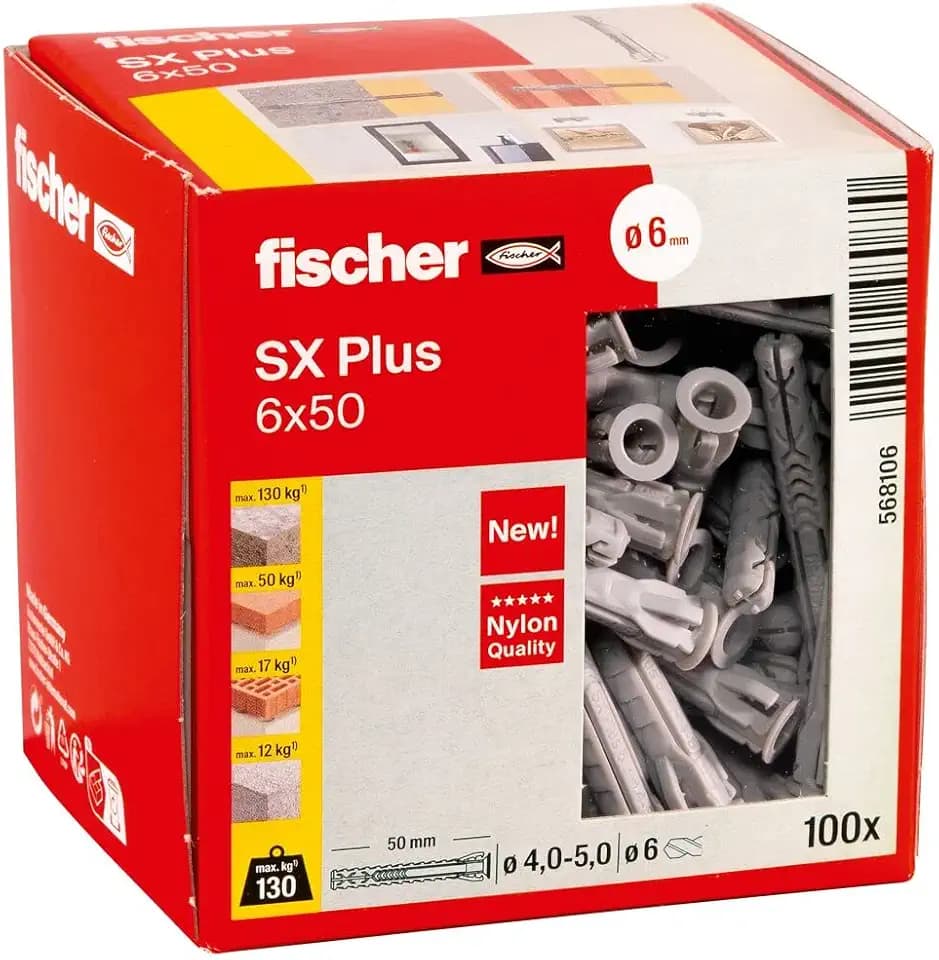 fischer Spreizdübel SX Plus 6 x 50, Schachtel mit 100 Nylondübeln, Dübel für optimalen Halt bei Befestigungen in Beton, Vollziegel, Porenbeton, Hochlochziegel uvm.