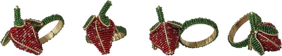 Creative Co-Op 4-Piece Round Handmade Glass Beaded Strawberry Napkin Rings with Gold Cord, Red, Green and Gold Finish