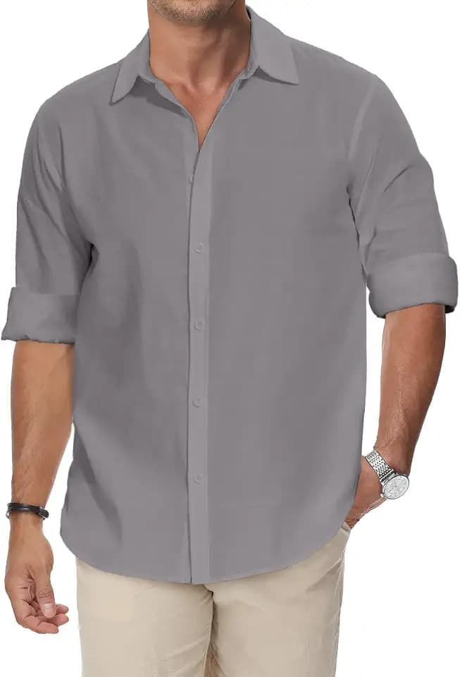 HMIYA Baumwolle Leinenhemd Herren Langarm Hemd Knopfleiste Freizeithemd Regular Fit Stehkragen Hemd,Hellgrau,4XL
