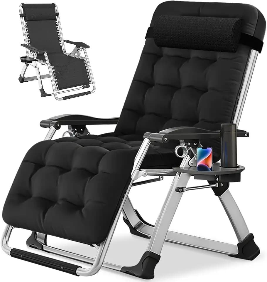 NAIZEA Padded Zero Gravity Chair, Folding Outdoor Lounge Chairs, Adjustable Reclining Camping Chairs with Cup Holder, Ergonomic Patio Lawn Chair for Balcony Beach Deck Yard