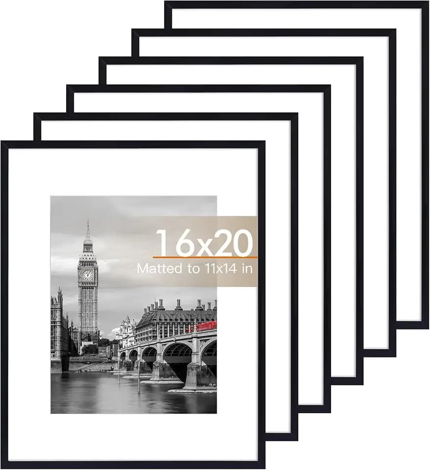 Fixwal 16x20 Picture Frame Set of 6 with Plastic Cover, PVC, Black