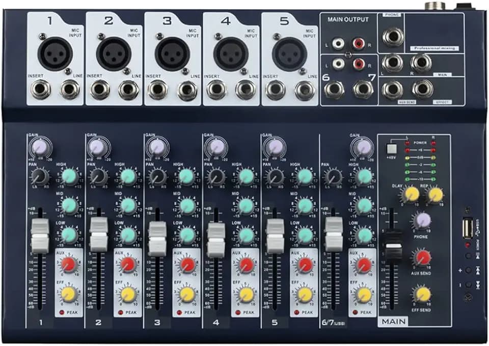 Professioneller Mixer | 7-Kanal-2-Bus-Mixer/mit USB-Audio-Schnittstelle, Stereo-Equalizer für die Aufnahme von DJ-Bühnen-Karaoke-Musikanwendungen(F7)