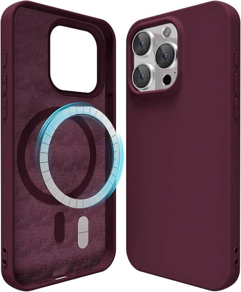 oakxco Silicone Case for iPhone 15 Pro Case Magnetic, Compatible with Magsafe Wireless Charging, Slim Thin Soft Rubber Gel, Girly Cute Aesthetic Hard Shell Mag Safe Cover for Women, Burgundy Maroon