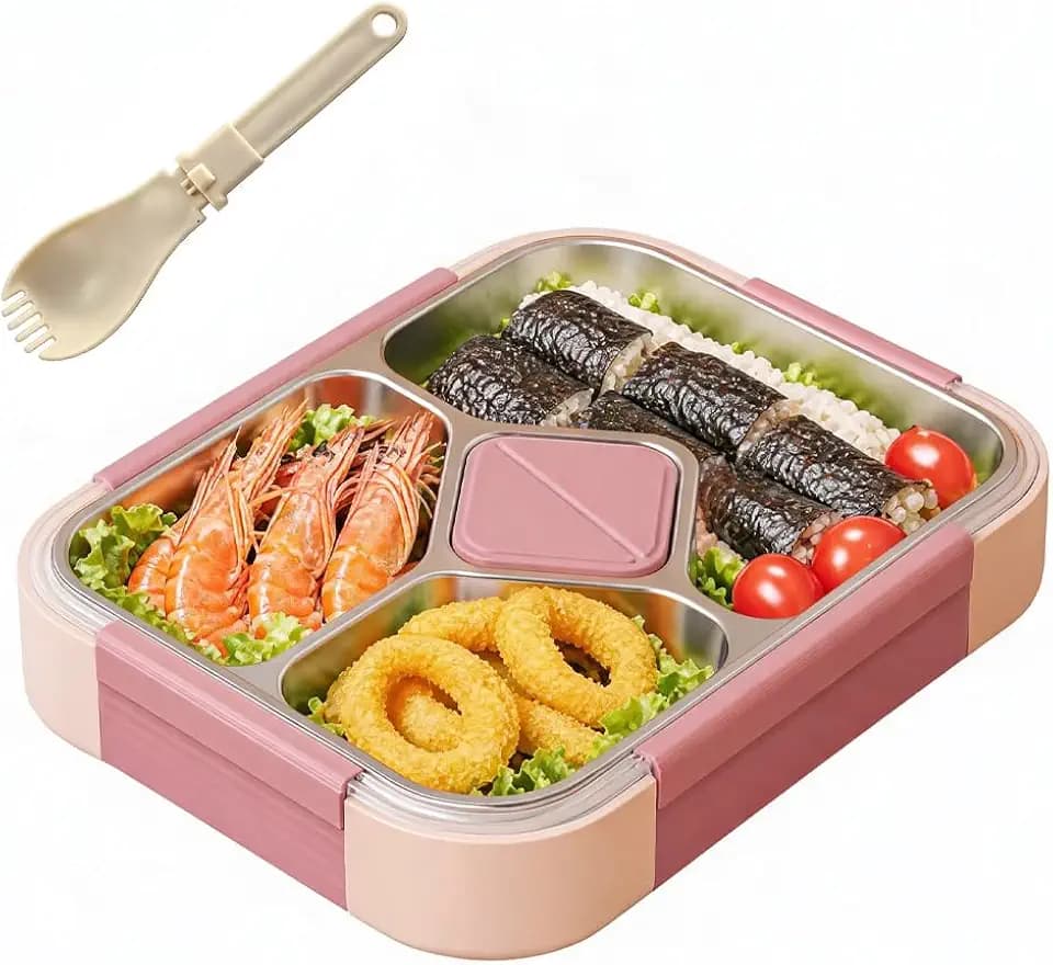 LOMUG Edelstahl Brotdose Kinder, 1020ml Metall Bento Lunchbox mit 4 Fächern