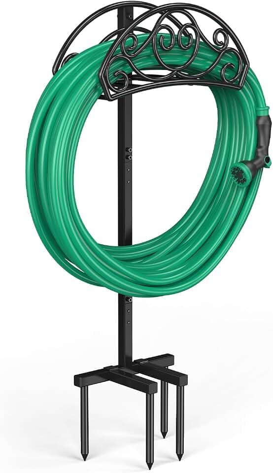 Sunvigor Garden Hose Holder, Heavy Duty Metal Hose Stand with 4 Spikes, Holds Up to 150FT Hose, No Drill Freestanding Hose Reel Alternative for Yard Lawn Outdoor