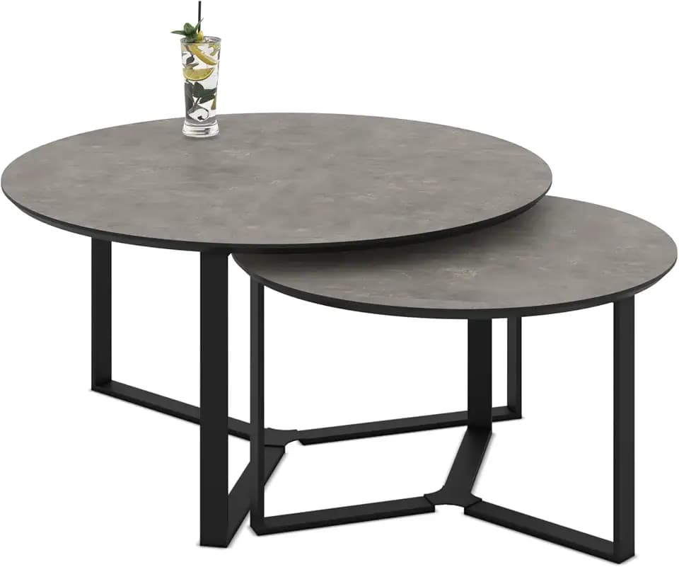 Hela Tische, 2er Set Couchtisch Massa, Betonoptik dunkel, Gestell Metall Rechteckig, Ø 80+60cm