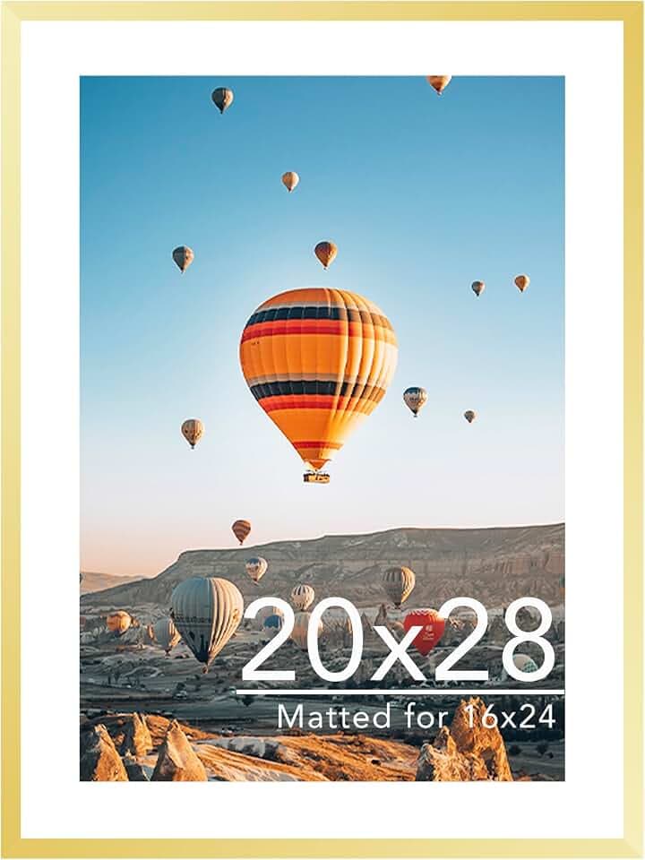 JCJMY 20x28 Picture Frame with 16x24 Mat, Display Photo 16x24 with Mat or 20 x 28 Without Mat, Wall Hanging Large 20 by 28 Poster Frame with Plexiglass, Gold