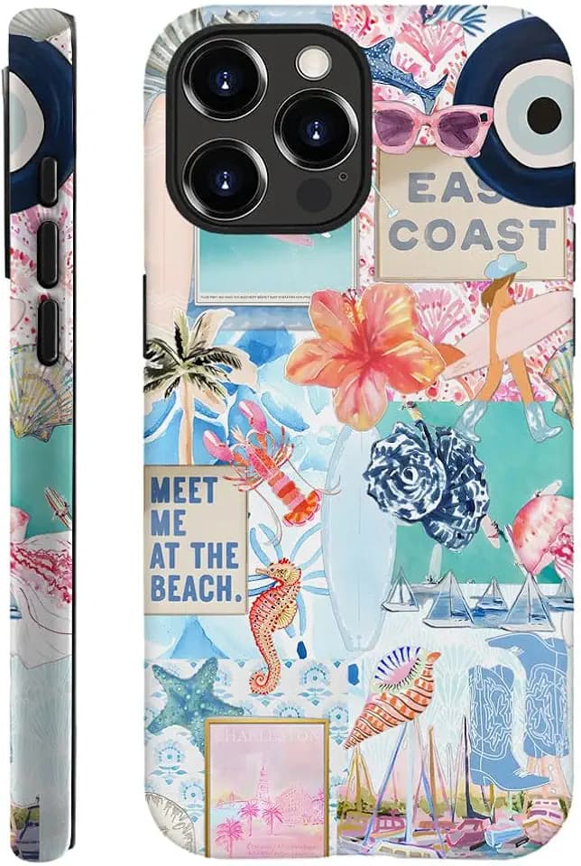 Generic Case Compatible with iPhone 16 Pro Max,Scratch Resistant Hybrid 2-Layer Hard Shell Phone Case,Seashells Beach Summer Jellyfish Collage