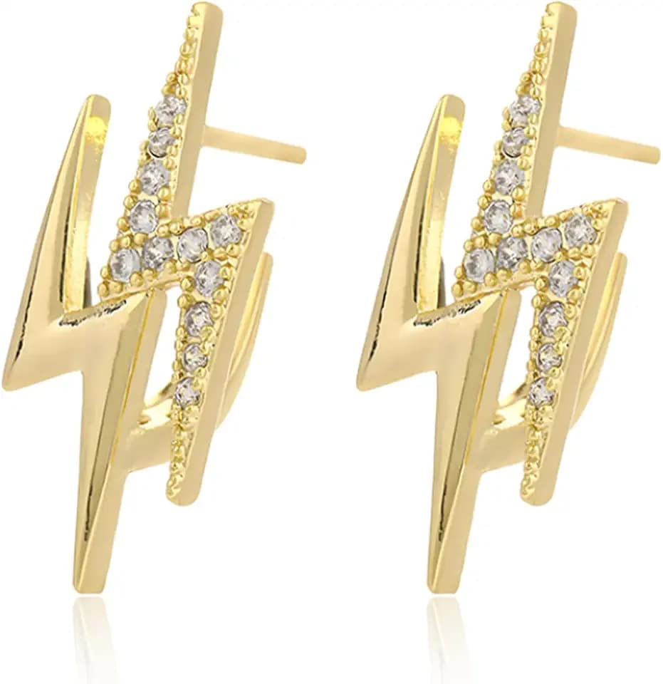 14K Gold Plated Lightning Stud Earrings for Women Dainty CZ Celestial Lightning Earrings Trendy Punk Cool Party Jewelry Gifts