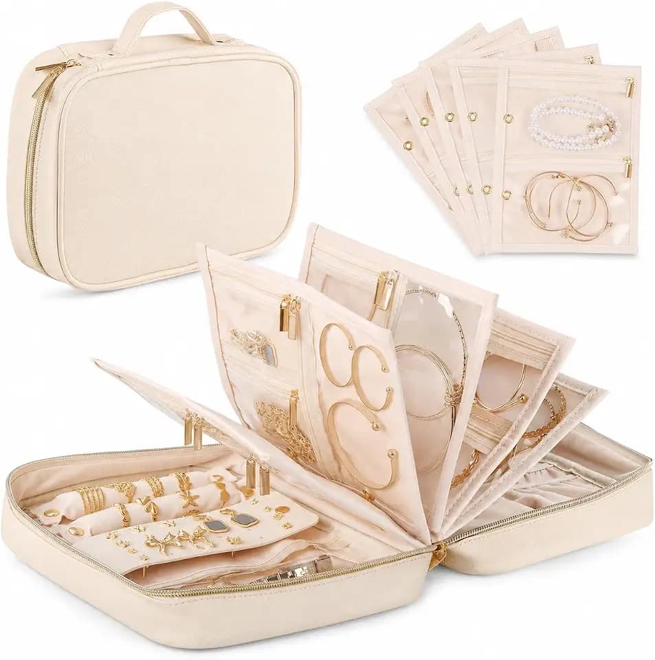 Travel Jewelry Case Organizer for Women, Detachable Pouches (Beige)