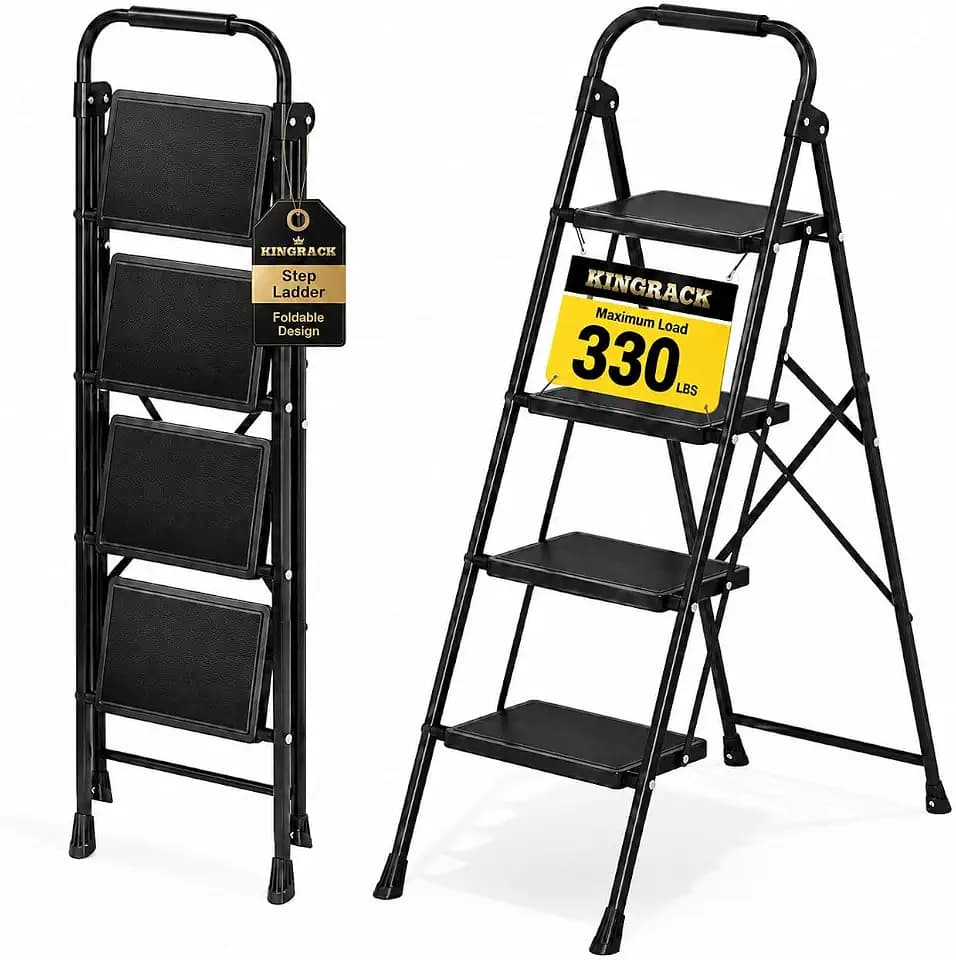 KINGRACK 4 Stufen Kleine Leiter, Trittleiter mit Anti-Rutsch, Breitem Pedal