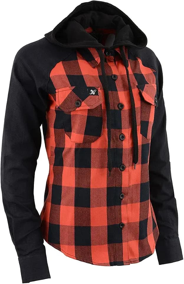 Milwaukee Leather MNG21602 Women's Casual Black and Red Long Sleeve Cotton Flannel Shirt with Hoodie