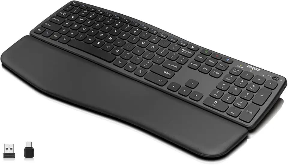 Arteck Multi-Device Ergonomic Wireless Bluetooth Keyboard with Nano USB-A, USB-C Type C Receiver Palm Wrist Rest Full Size Keyboard for Windows iPad OS Android, Computer Desktop Laptop PC Tablet
