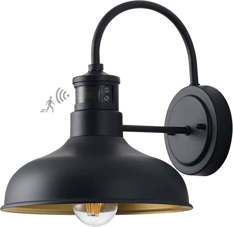 10" Dusk to Dawn Motion Sensor Gooseneck Lighting, Exterior Barn Style Wall Mount Fixture Black Outdoor Porch Wall Sconce for Farmhouse, Garage, House