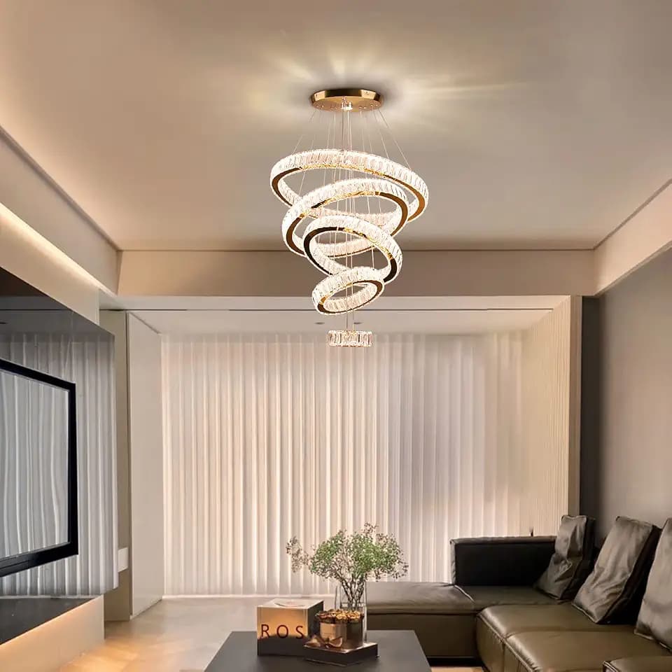 5-Ring Titanium Gold Crystal Chandelier LED Warm White