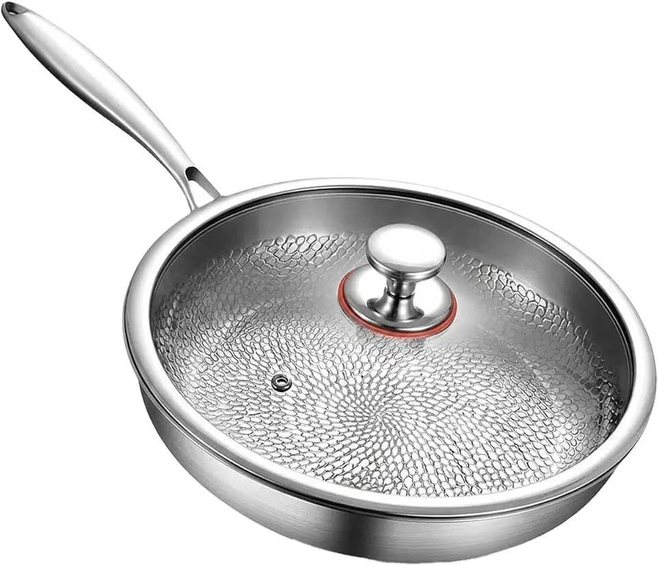 Titan Pfanne 28 cm mit Deckel, Unbeschichtete Titan Bratpfanne mit Gehämmertem Design, Kratzfeste Physikalische Antihaft-Struktur, Frei von PFAS-, PFOA- und PTFE-, Für Induktion & Alle Herdarten