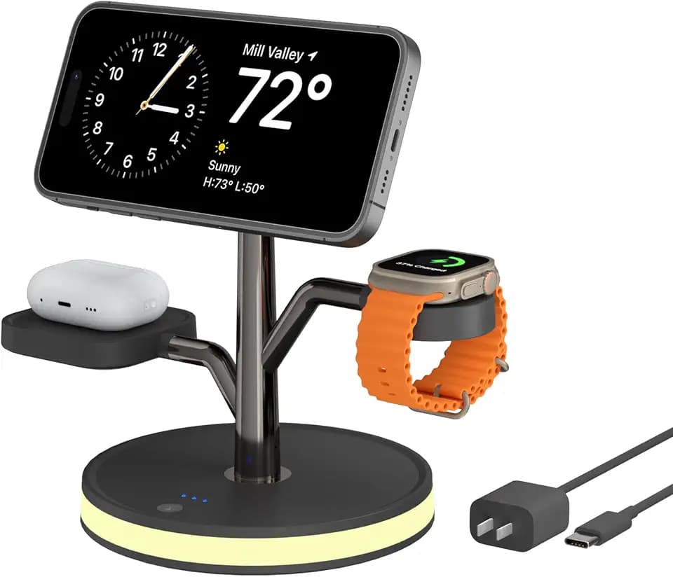 Wireless Charging Station, Charging Station for Magsafe Apple Devices, Magsafe Charger Stand Fast Charging for iPhone 15/14/13/12 Series,Apple Watch Series 1-9,AirPods Pro with LED and 20W PD Adapter