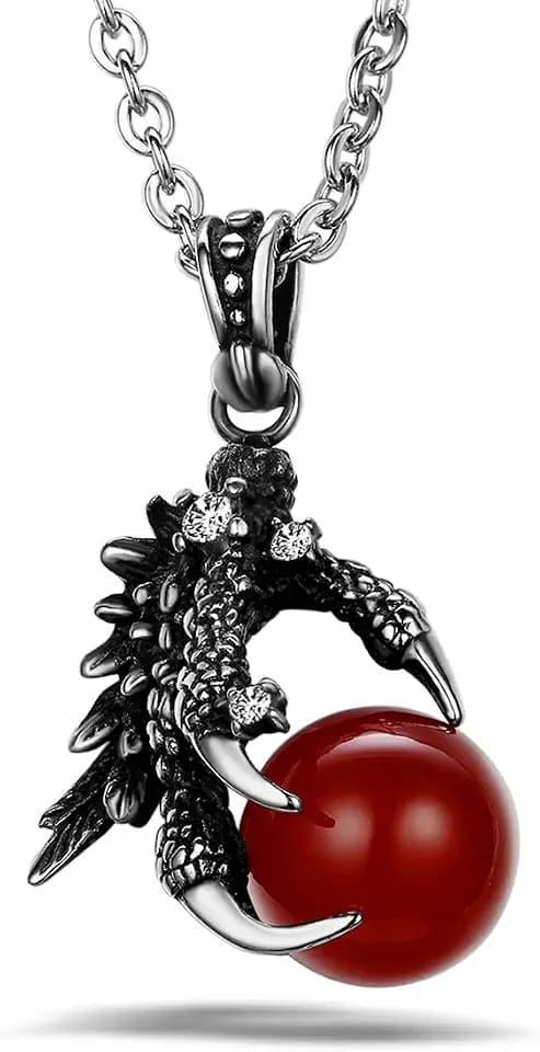 JewelryWe Schmuck Biker Herren Edelstahl Halskette, Drachen Klaue Herren-Anhänger mit 55cm Kette, Schwarz/Rot Silber