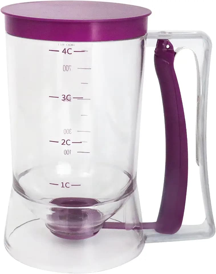 Pancake Batter Dispenser, Kitchen Must Have Tool for Perfect Pancakes, Cupcake, Waffle, Cake & Crepe, Batter Separator Maker with Measuring Label, Easy Pour Baking Supplies for Griddle (Purple)