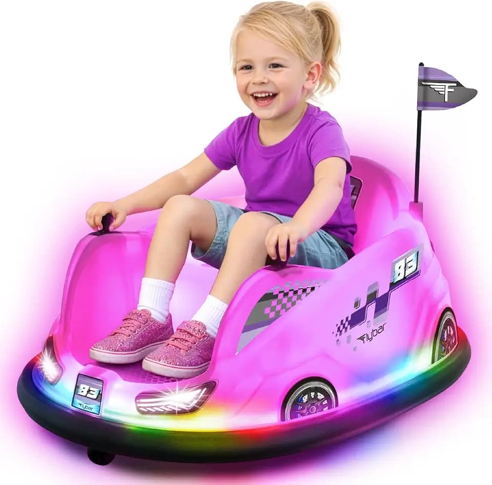 Flybar 12V Glow Bumper Car Ride On Toy - Indoor/Outdoor Toys, Toddler Toys, Bumper Cars, Kids Electric Car, w/ 360° Spins, Multi-Color LED Lights, Max Weight of 100lbs, Age 4-9yrs, Pink