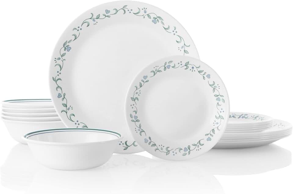 Corelle Vitrelle 18-Piece Service for 6 Dinnerware Set Triple Layer Glass and Chip Resistant, Lightweight Round Plates and Bowls Set, Country Cottage