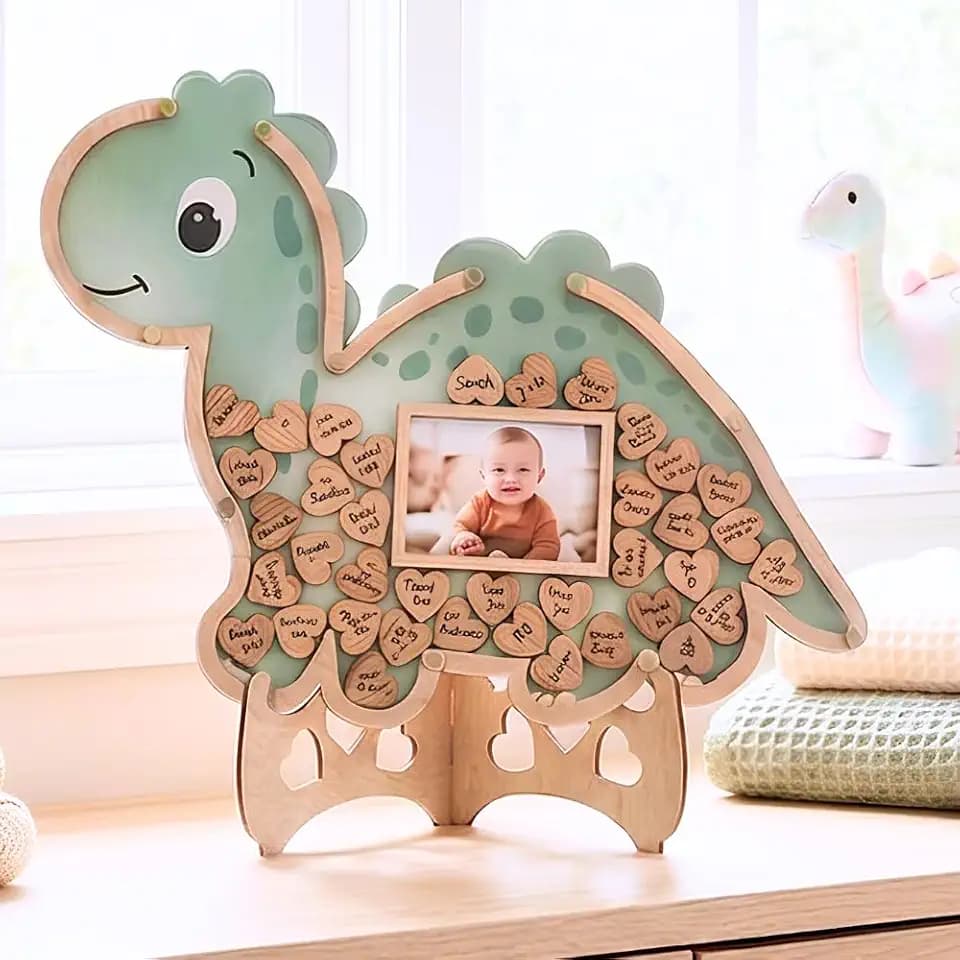 The Real Bossy Baby Baby Memory Keepsake Frame Guestbook – Luxury Baby Shower & First Birthday Guest Book Alternative – Preserve Wishes, Messages & First Year Memories in a Beautiful Nursery Display - Dinosaur & One-A-Saurus Theme