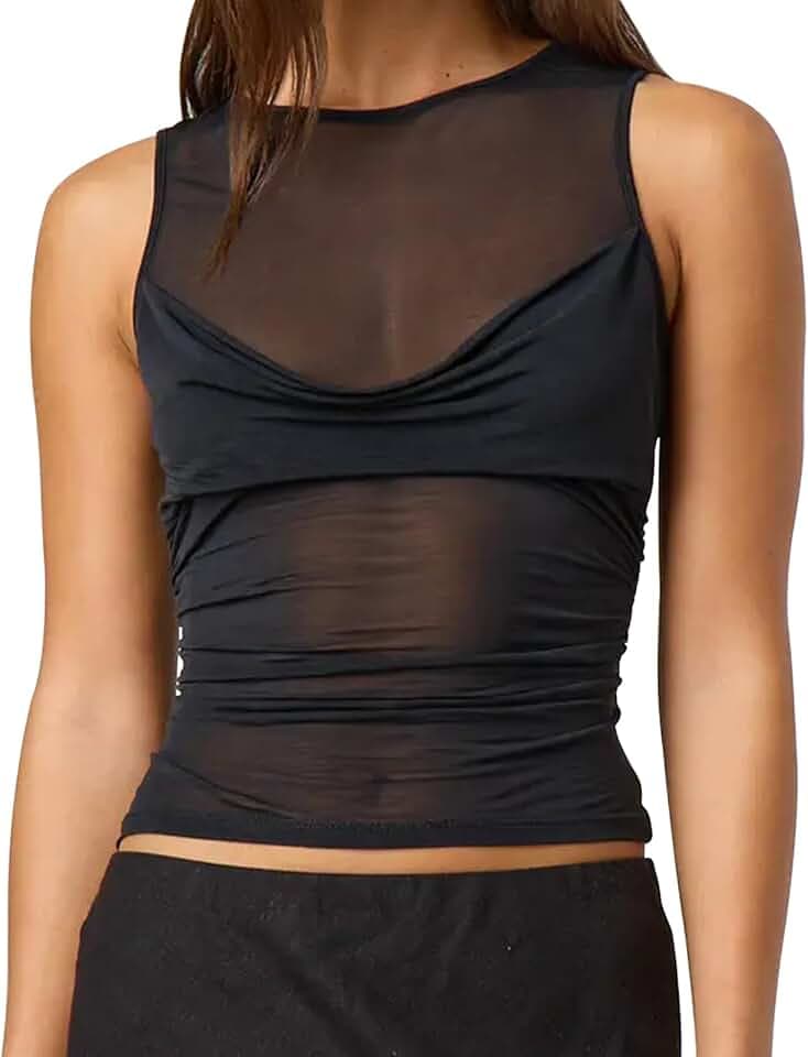 Women Sheer Mesh Tank Top Y2k Sleeveless See Through Ruched Tops