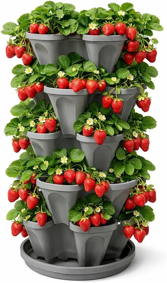 5-Tier Stackable Strawberry Garden – 24 Quart Indoor / Outdoor Stacking Planter with Drip Saucer – Grow Herbs, Strawberries, and Flowers from The Kitchen or Backyard – Plant and Stack! Easy Gardening