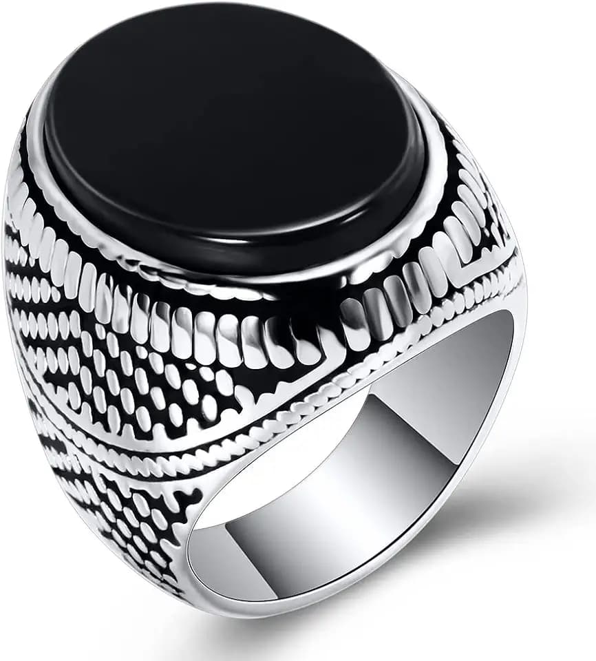 QUSIIOSLK Turkish Handmade Oval Agate Ring Solid 925 Sterling Silver Black Onyx Rings for Men Vintage Natural Agate Stone Ring Statement Band Jewelry Gift for Him 11