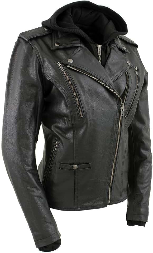 Milwaukee Leather LKL2739 Women's Black Premium Leather Vented Motorcycle Biker Jacket w/Hoodie