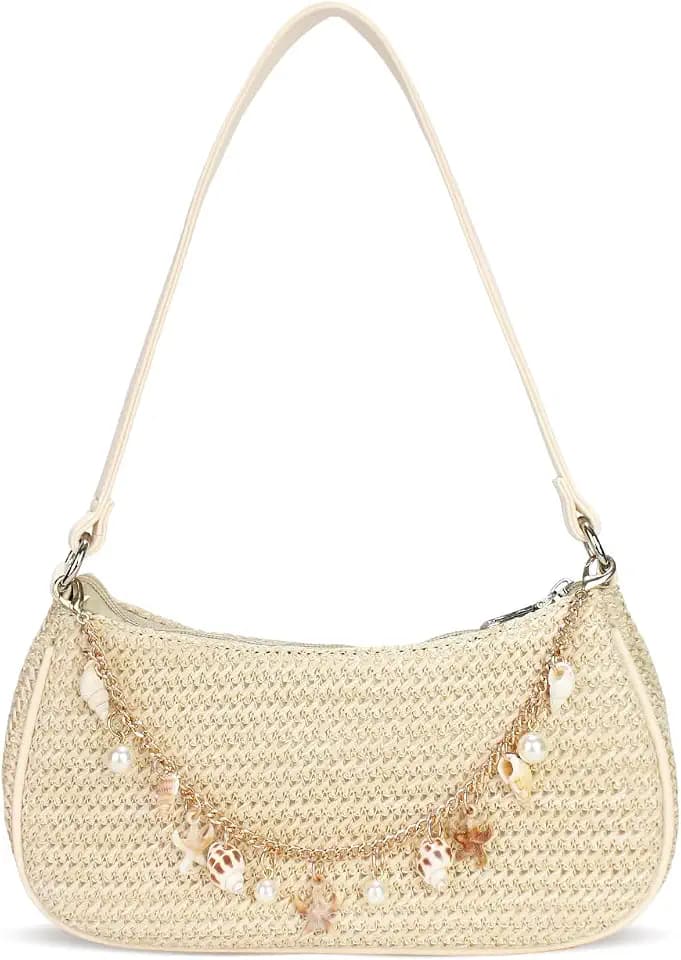 Women's Boho Seashell Pearl Beaded Straw Clutch Purse Summer Woven Beach Bag Vacation Shoulder Handbags