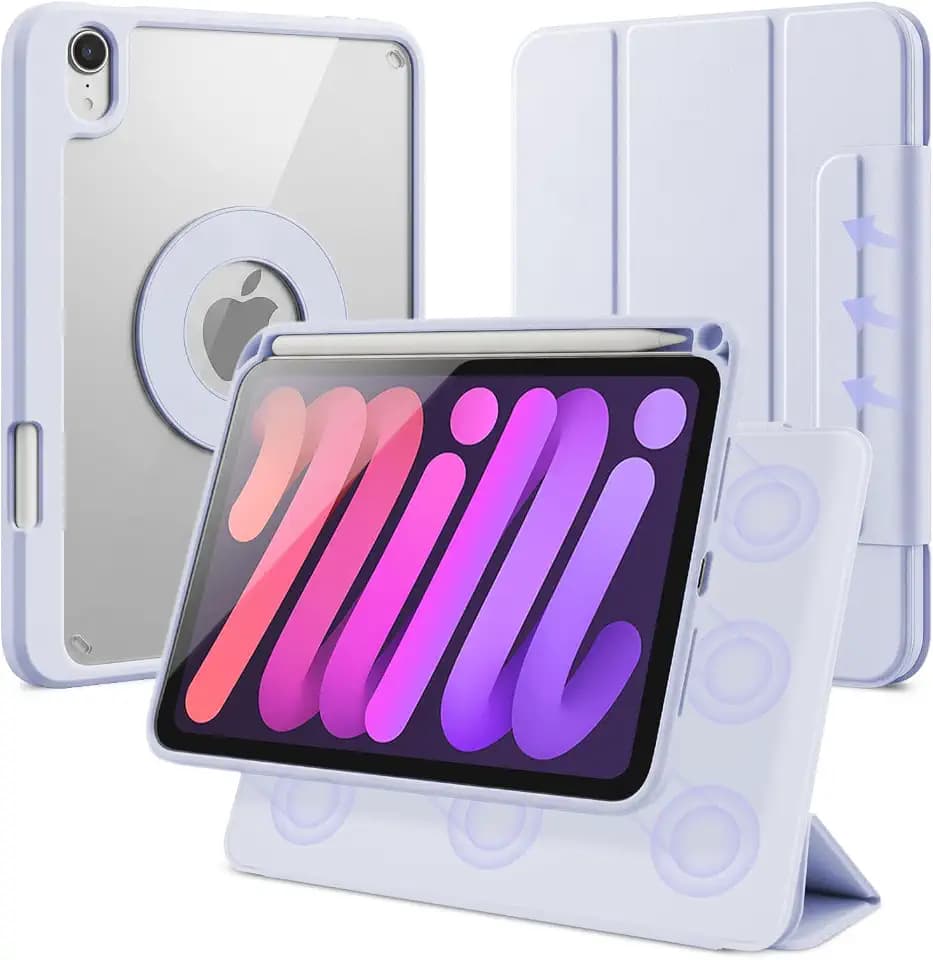 Case for iPad mini 7 A17 Pro, iPad mini 7/6 Gen. 8.3" 2024/2021, Removable and Detachable Magnetic Cover with Pencil Holder, Vertical Adjustable Stand, Tri-Fold Multi-Angle, Light Purple