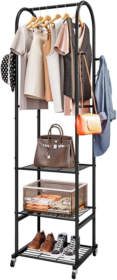 SUOERNUO Clothes Rack Clothing Rack With Wheels and 3 Tier Metal Shelves