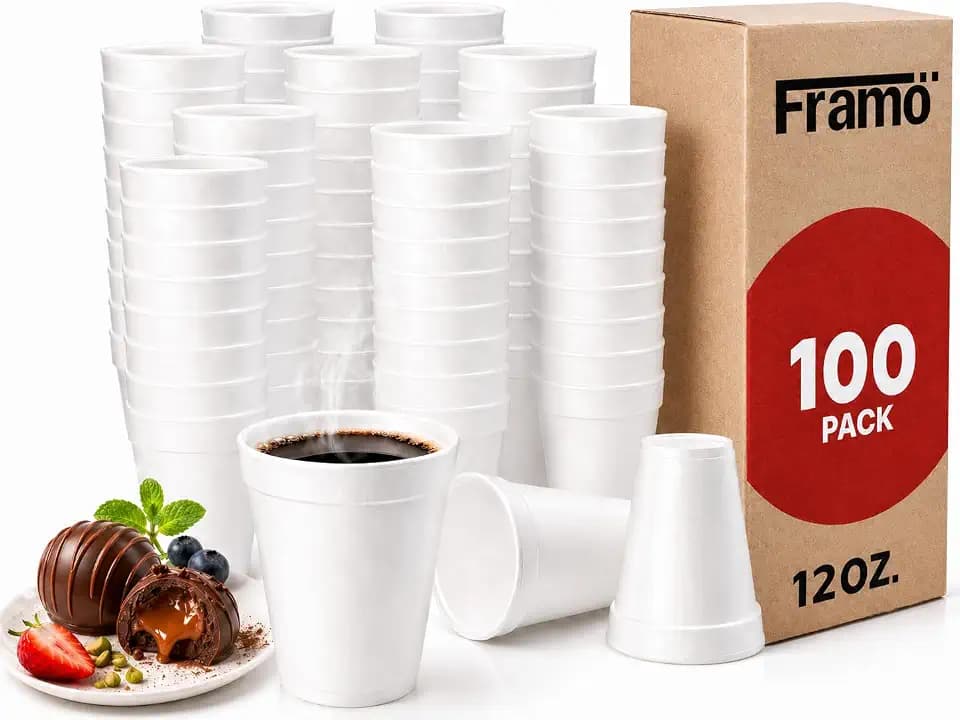 Framo 12 Oz Foam Cups 100 Pack, Insulated Disposable Hot Coffee Cups
