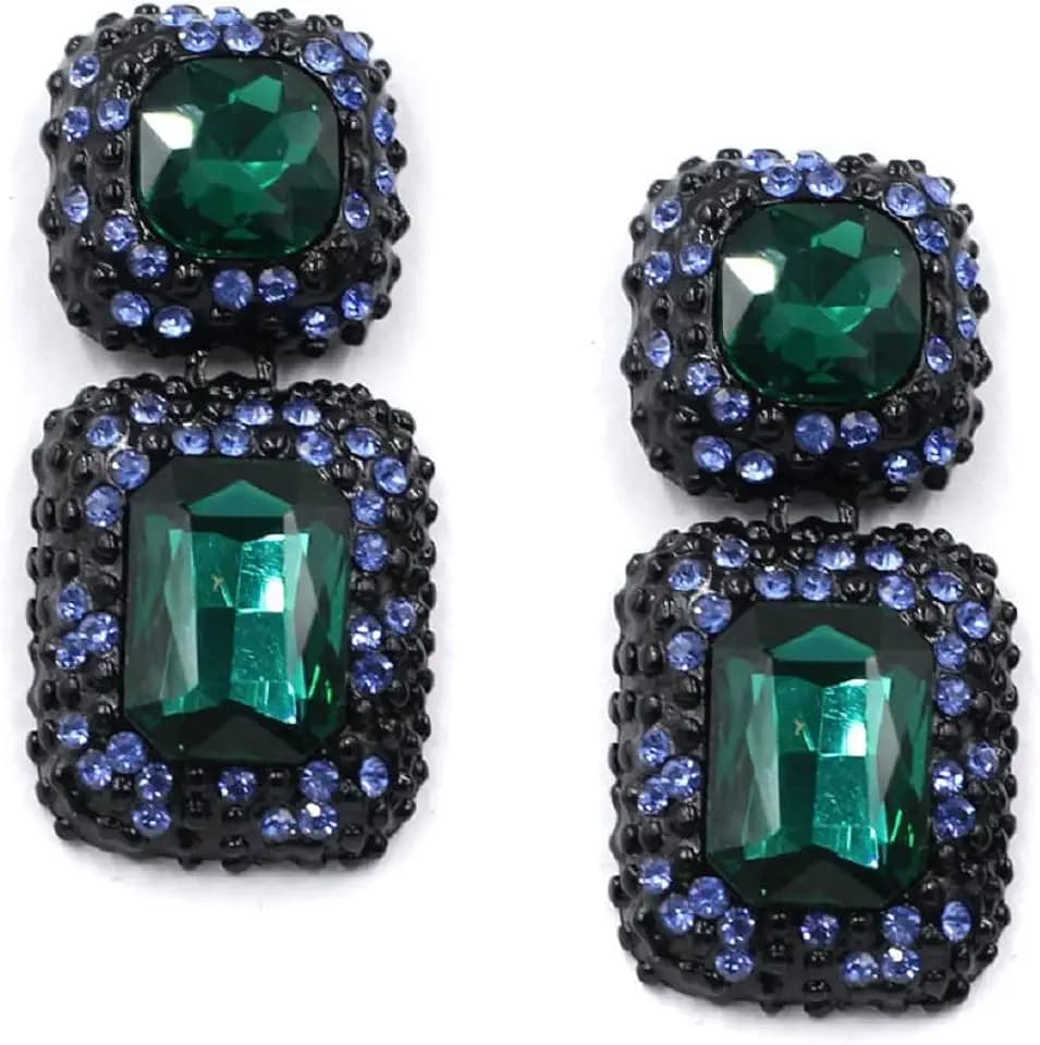 Vintage Geometric Black Colorful Rhinestone Statement Earrings Elegant Fancy Crystal Rectangle Drop Dangle Earrings Prom Pageant Earrings for Women