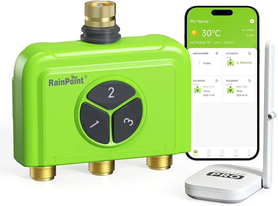 RAINPOINT 3 Zone WiFi Water Timer with Smart Gateway, Brass Inlet/Outlet WiFi Sprinkler Timer, Voice Control, Smart Watering System by Time/Weather/Quantity/Soil Moisture, (Green, 3 Zone)