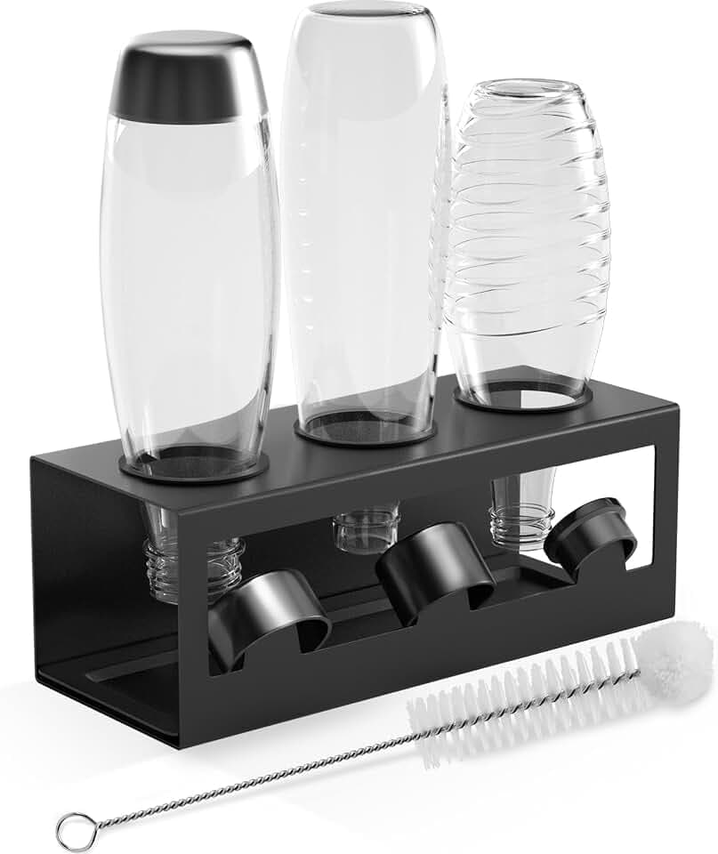HOMMAND Flaschenhalter für SodaStream Crystal und Emil Flaschen, Edelstahl Flaschenhalter Abtropfgestell Abtropfständer für 3 Flaschen, mit Silikonschutzringe Abtropfschale und Deckelhalter Schwarz