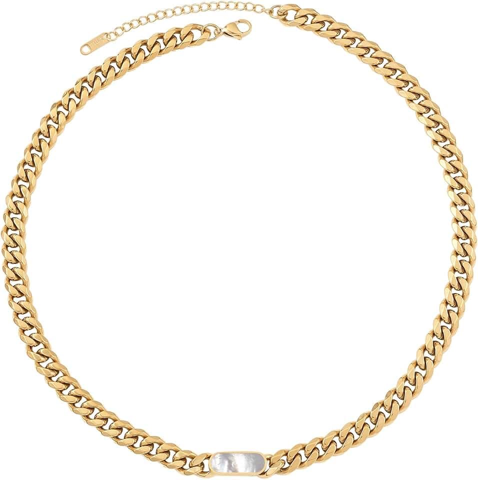 Cuban Link Necklace for Women Men,Pearl Bar 18K Gold Plated Pendant - 8mm 316L Stainless Steel Chain Choker, Trendy Jewelry for Christmas Valentines Day Anniversary-16"+2" extender Chain Adjustable